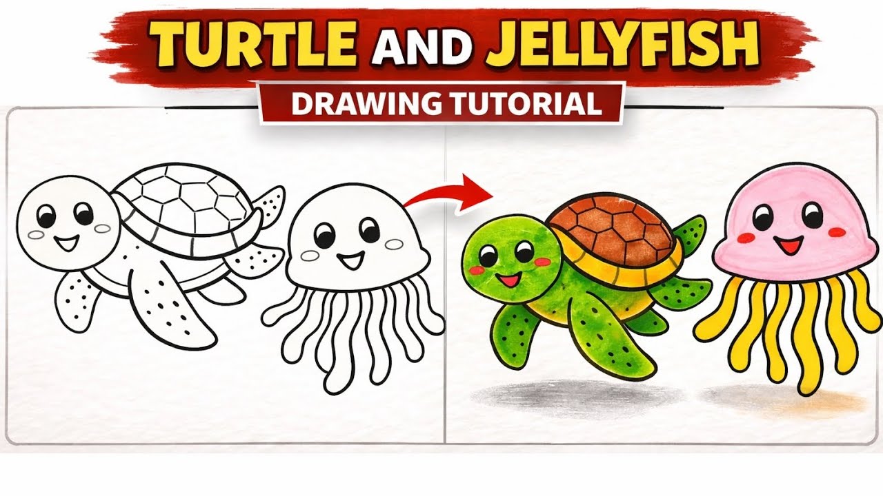 How to Draw a Cute Turtle🐢 and Jellyfish🪼 Step by Step | Easy Drawing Tutorial #turtle #jellyfish