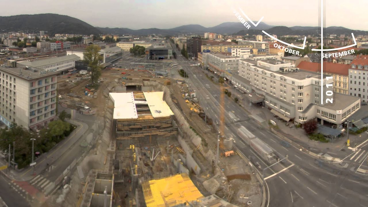 Zeitraffer: Baustelle Nahverkehrsdrehscheibe Graz - Blick vom Bauamtsgebäude in Richtung Norden