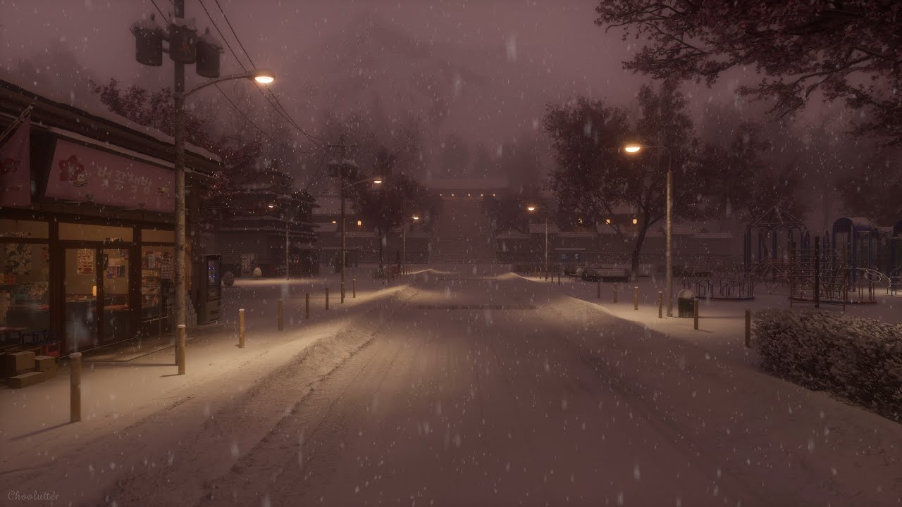 Serene Early Hours in a Snowy Village with Cherry Blossoms | Sounds of Falling Snow, White Noise