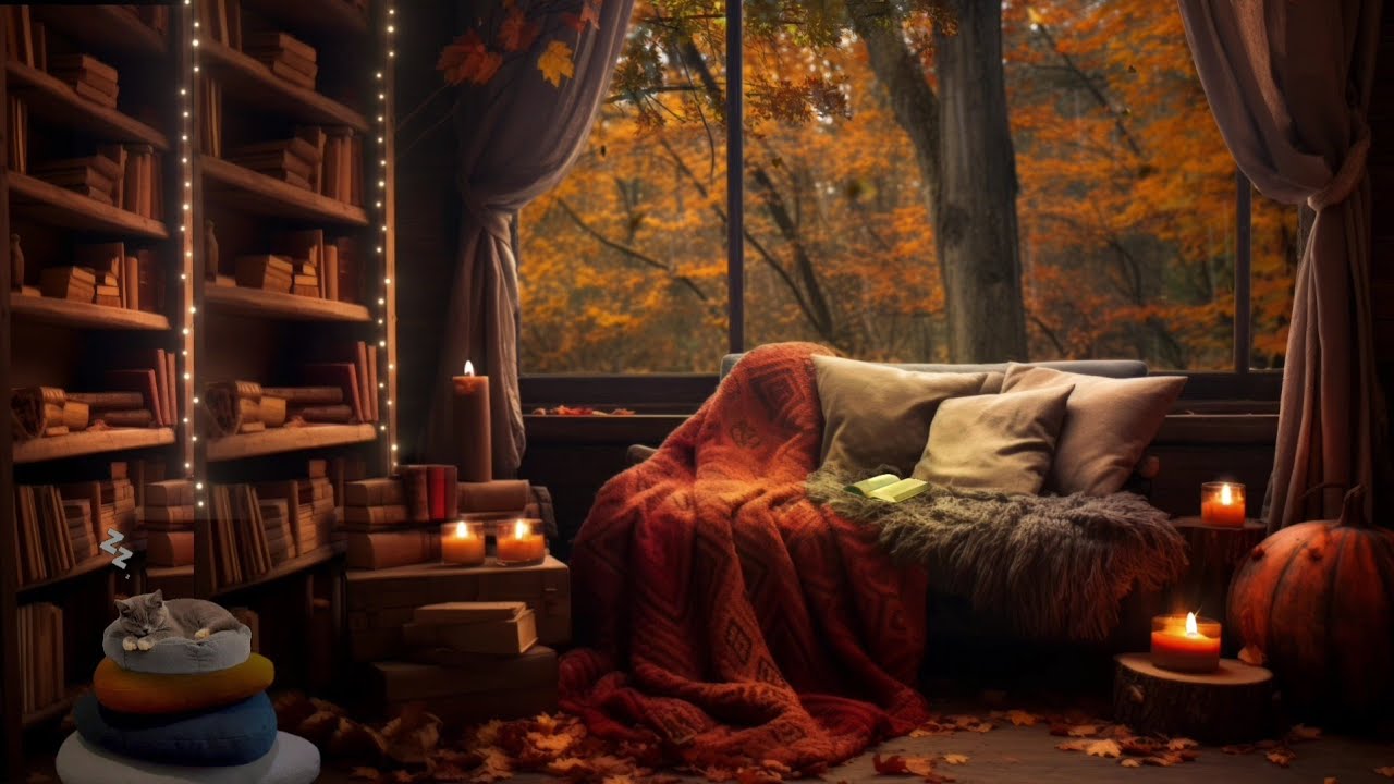 Autumn reading nook ambience 📖 | Gentle rain, cat's purr and flipping page sounds