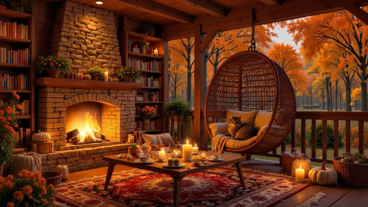 Peaceful Autumn Forest View with Crackling Fire 🍂 Gentle Piano Music For Stress & Anxiety Relief
