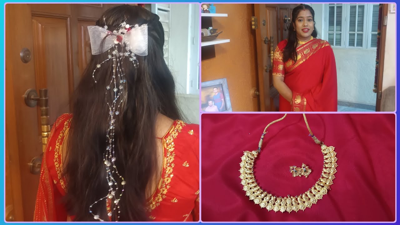 Beads Hair Clip/ Hair Style ❤️🧿/My Gold jewellery🧿/ Simple Make up/ Ari work blouse / Wedding look 