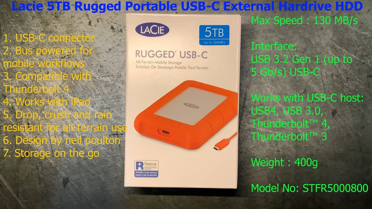 Lacie 5TB Rugged Portable USB C External Hardrive HDD STFR5000800 Unbox and Testing