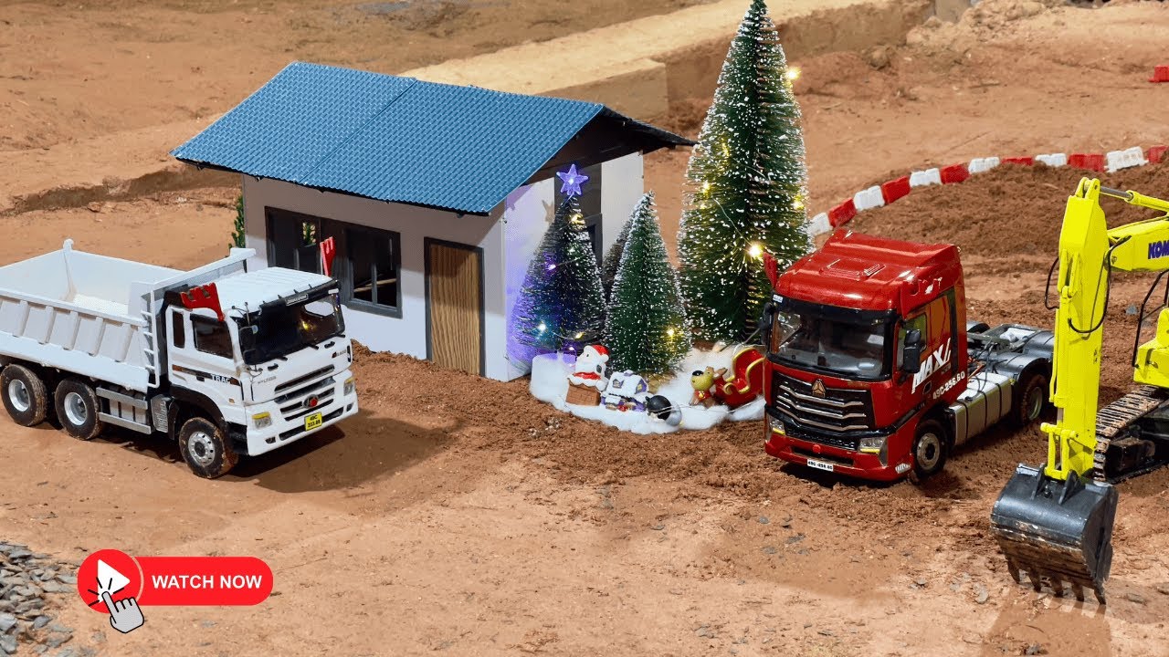 RC Christmas Construction: RC  Excavator & Truck Building a Home & Decorating for The Holidays!