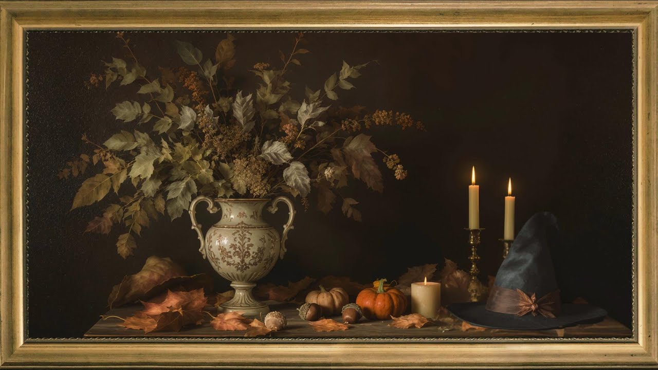 Halloween Frame TV Art | Vintage Autumn Art TV with Pumpkins, Candles & Witch Hat | Calm Screensaver