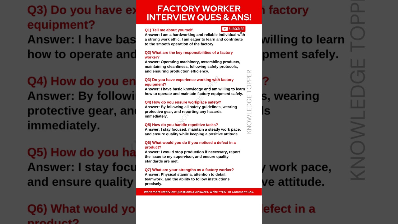 Factory Worker Interview Questions and Answer