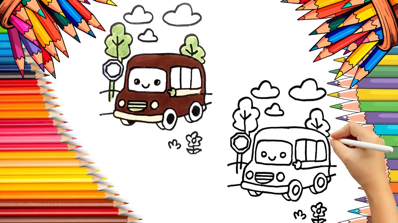 How To Draw cute Bus Drawing, Painting & Coloring For Kids and Toddlers_ Child Art 🐋🌈🎨