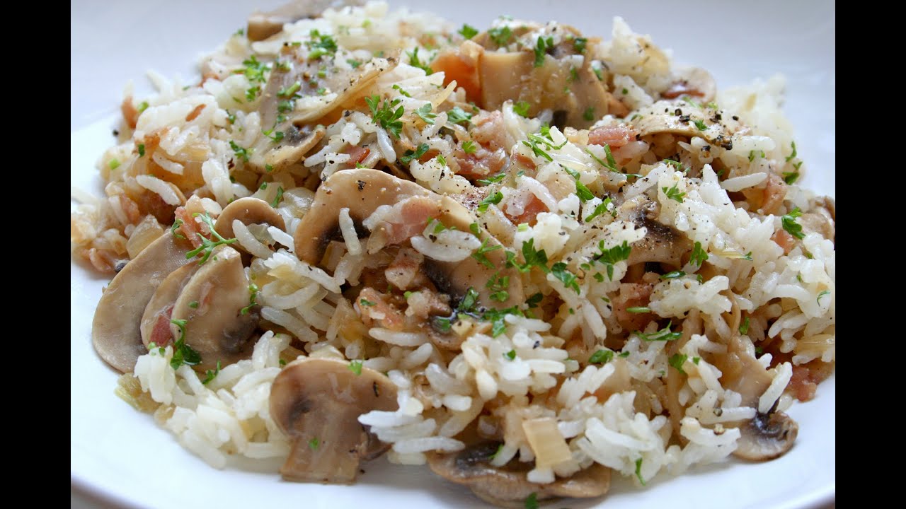 Arroz con champiñones y bacon