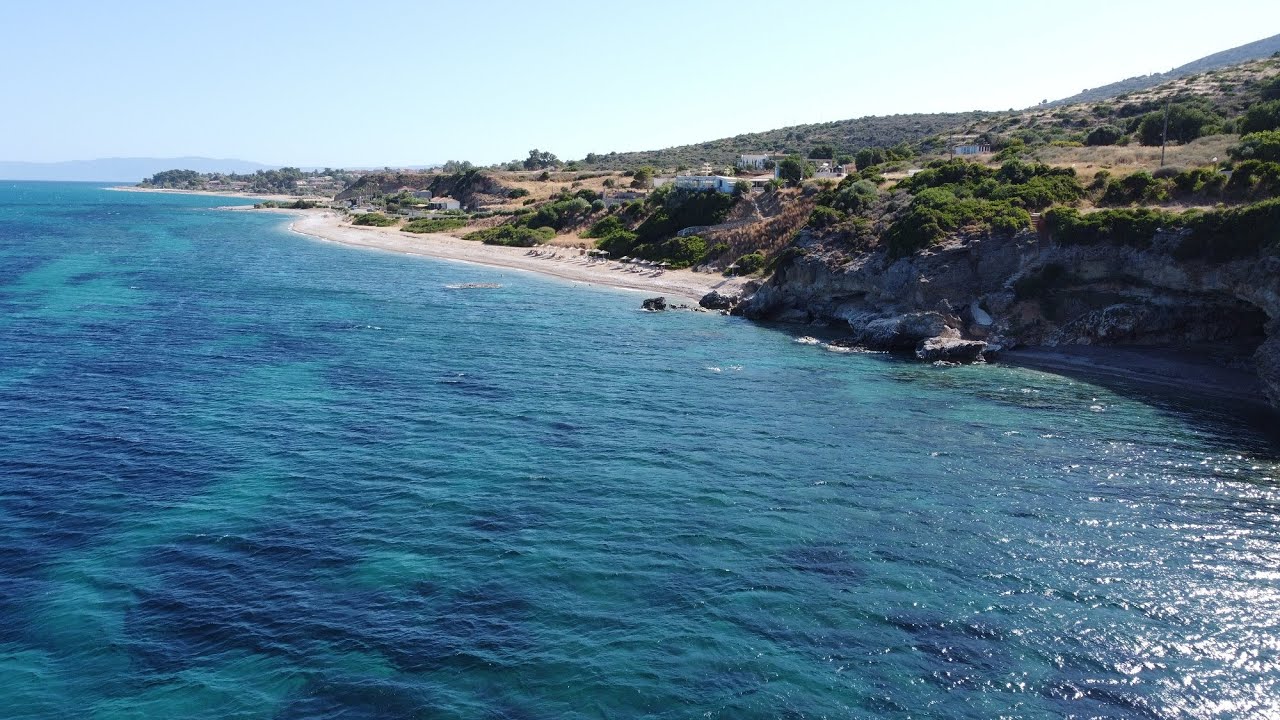 Nautilus beach, Skala, Kefalonia, Greece from drone in July