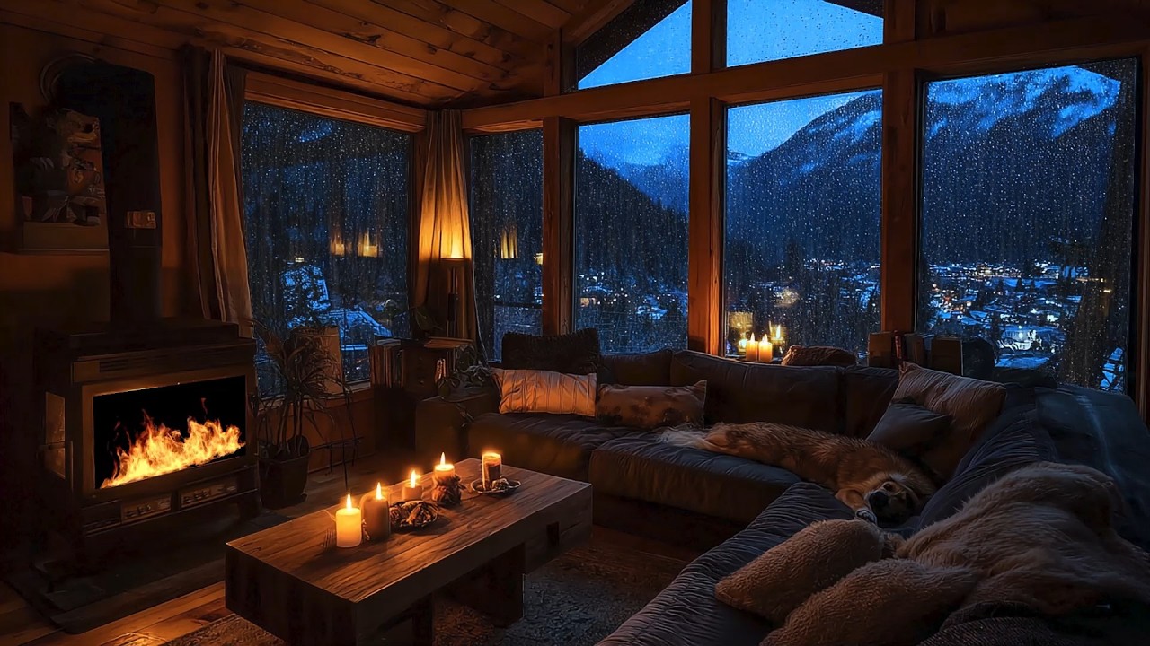 Rain and Thunder at Night | Fireplace in Wooden Loft | Cozy Sleep Ambience