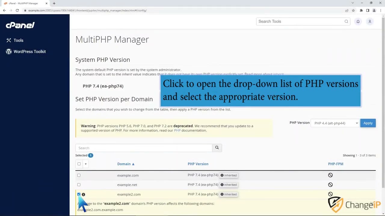How to Set the PHP Version per Domain using cPanel with ChangeIP