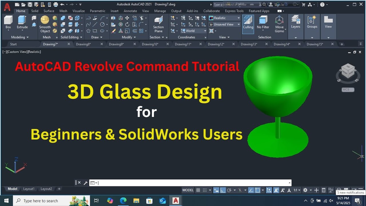 AutoCAD Revolve Command Tutorial &ndash; 3D Glass Design for Beginners & SolidWorks Users