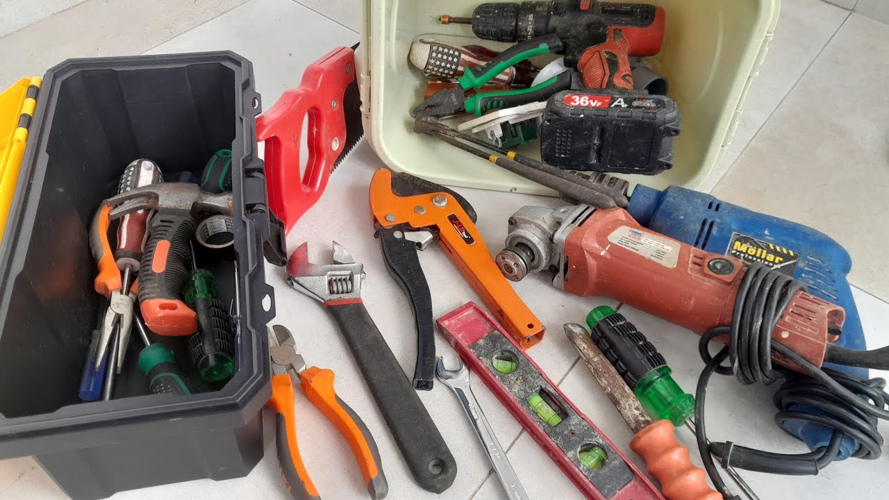 Engineering Tools Collection, Drill, Grinder, Screwdriver, Pliers, Wrench, Cutting Pliers, Saw