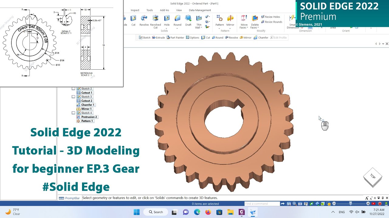 Solid Edge 2022 Tutorial - 3D Modeling for beginner EP.3 Gear #solidedge