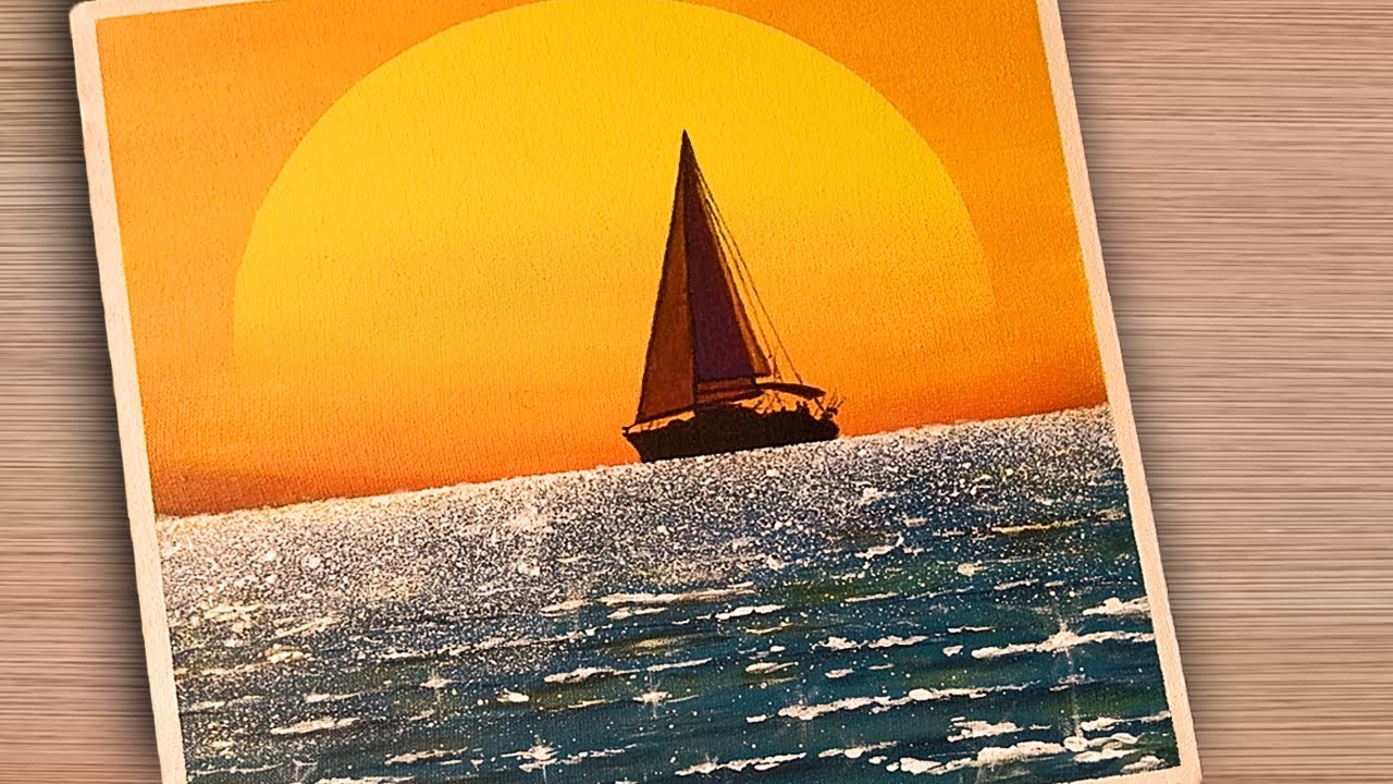 Como Pintar Atardecer Con Mar Sol Y Velero Con Acrilico