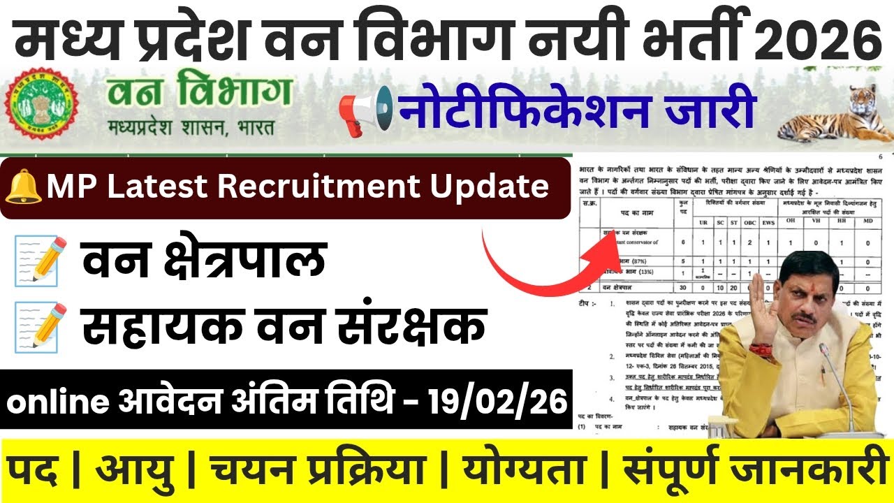म.प्र वन विभाग नई भर्ती 2026 || विभिन्न पदों पर भर्ती हेतु नोटिफिकेशन जारी || वन क्षेत्रपाल आदि |