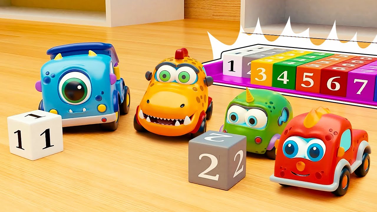 The little monster cars came up with an interesting game using cubes, and they all play together.