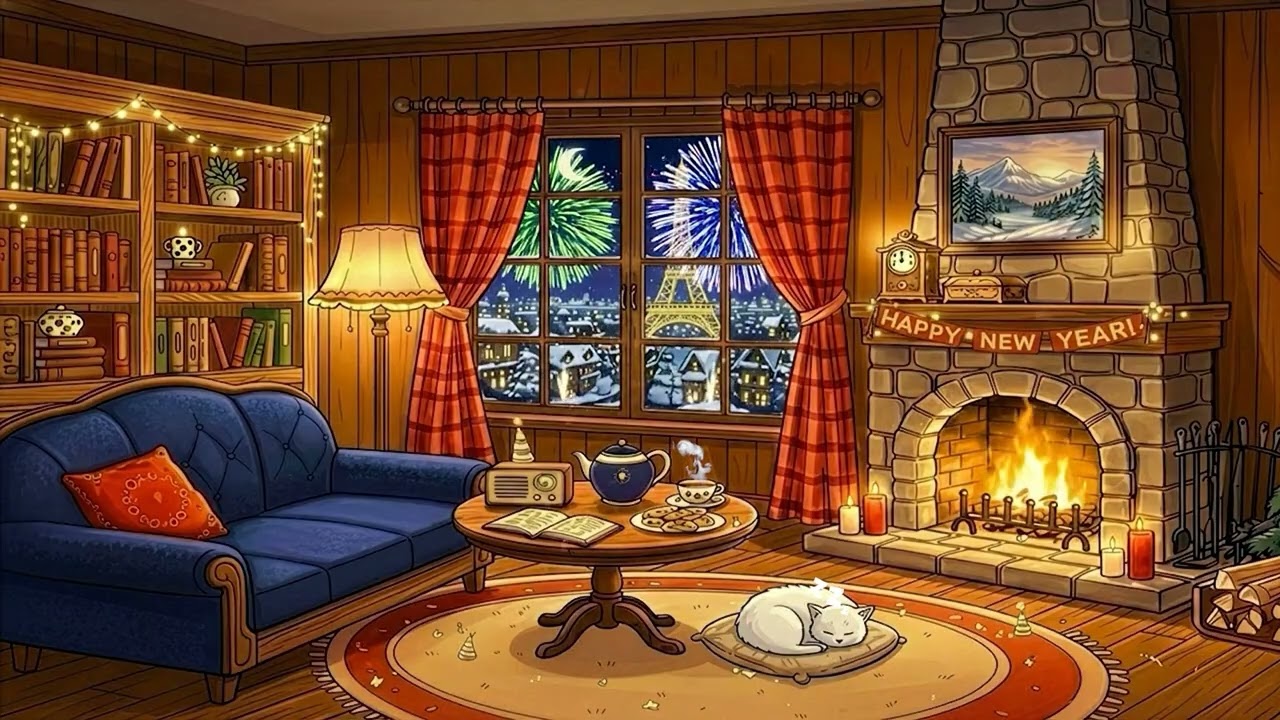a cozy snowy New Year's Eve night celebration with 1950s vintage oldies playing in another room