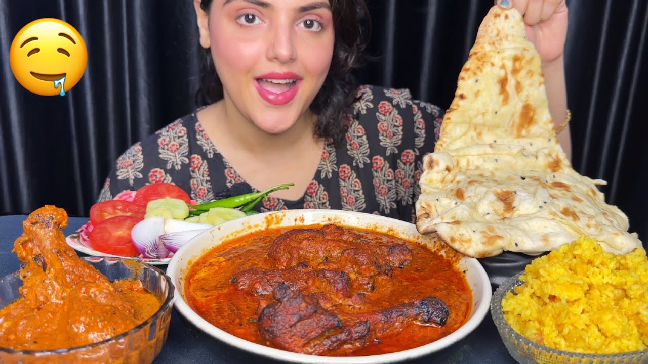 Eating Basanti Pulao, Chicken Butter Masala, Butter Naan, Salad | Mukbang Eating Show | Big Bites