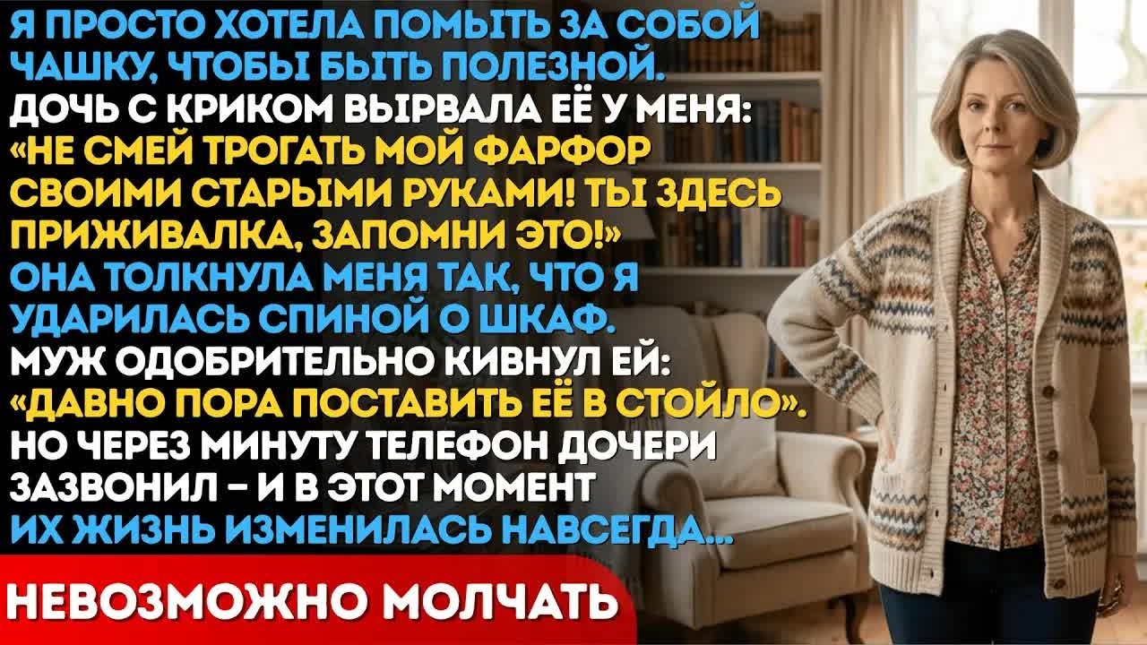 Дочь вырвала чашку из моих рук и назвала приживалкой. Через минуту её мир начал рушиться