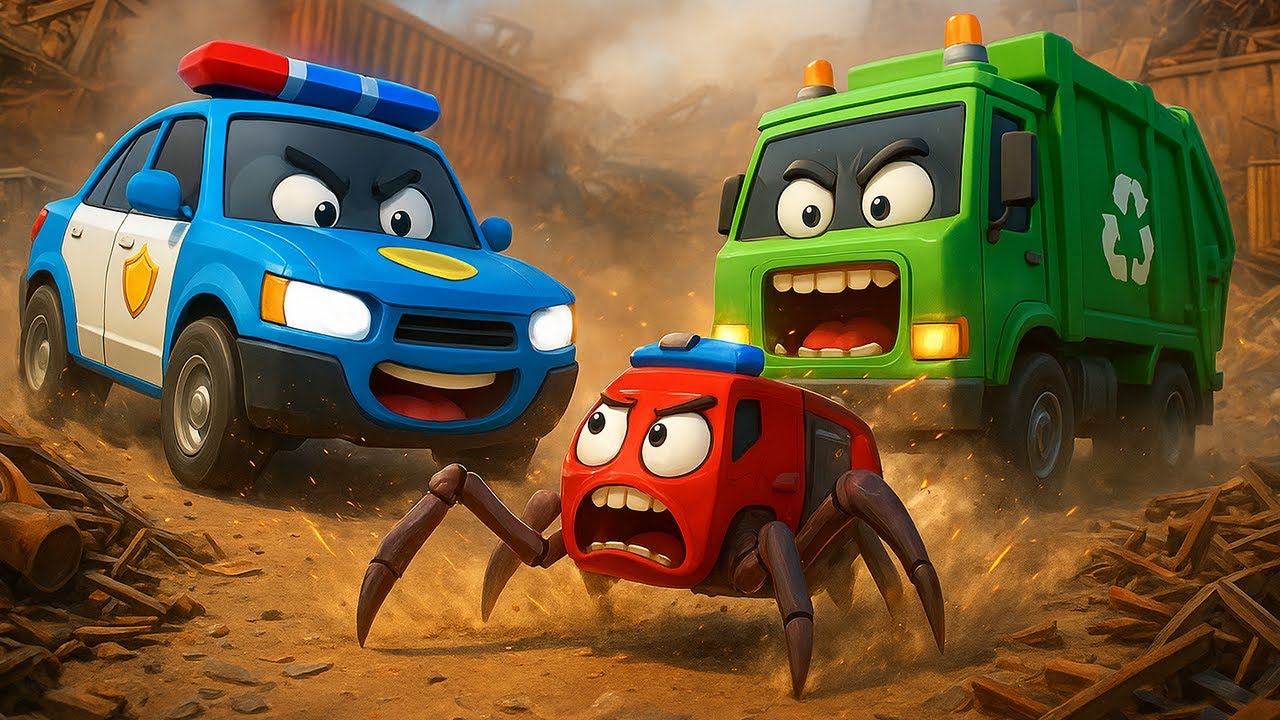 🚓♻️ Police & Garbage Truck vs Spider Car! | Epic Chase | Car Adventure