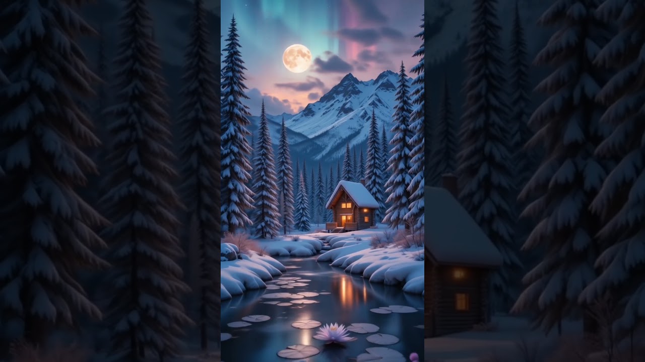 Winter Wonderland: Moonlight and Northern Lights Over a Snowy Cabin #trending