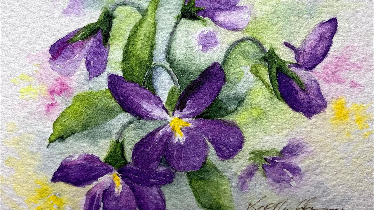 Watercolor violets paint along. Tutorial demo