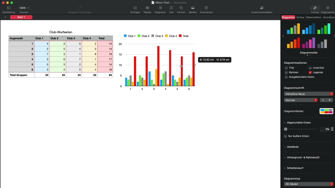 Wurfserien: Tabelle und Diagramm erstellen mit Numbers