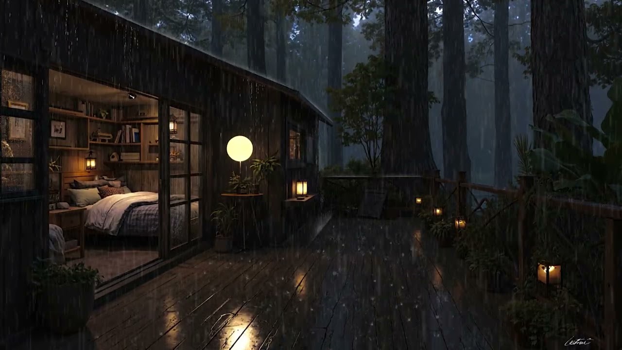 Quiet Woodland Rainfall at Night 🌧️ Cozy Cabin Darkness for Sleep | 4K – No Ads