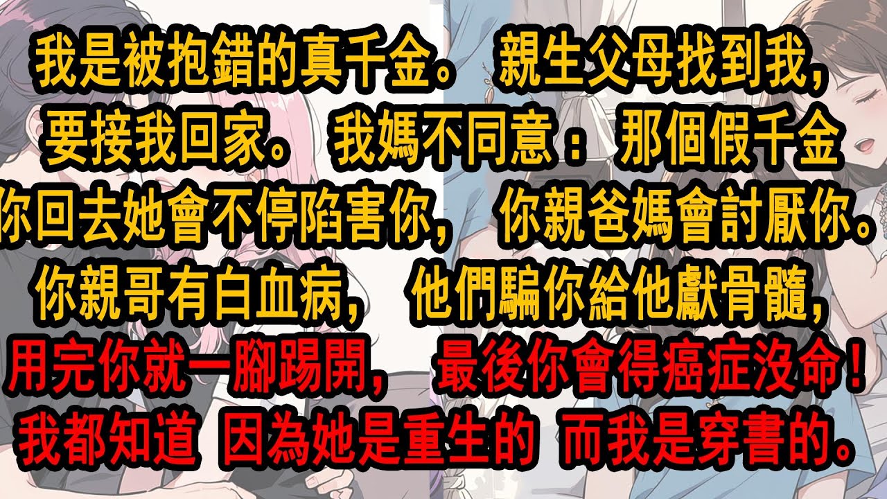 我是被抱錯的真千金。親生父母找到我，要接我回家。我媽不同意：那個假千金會不停陷害你，你親爸媽會討厭你。你親哥有白血病，他們騙你給他獻骨髓，用完你就一腳踢開！而我都知道 因為她是重生的，我是穿書的。