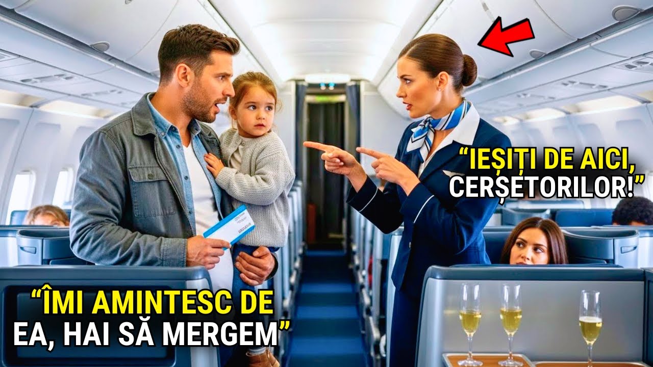 Tată singur dat afară din prima clasă de stewardesă — un minut mai târziu ea e în genunchi