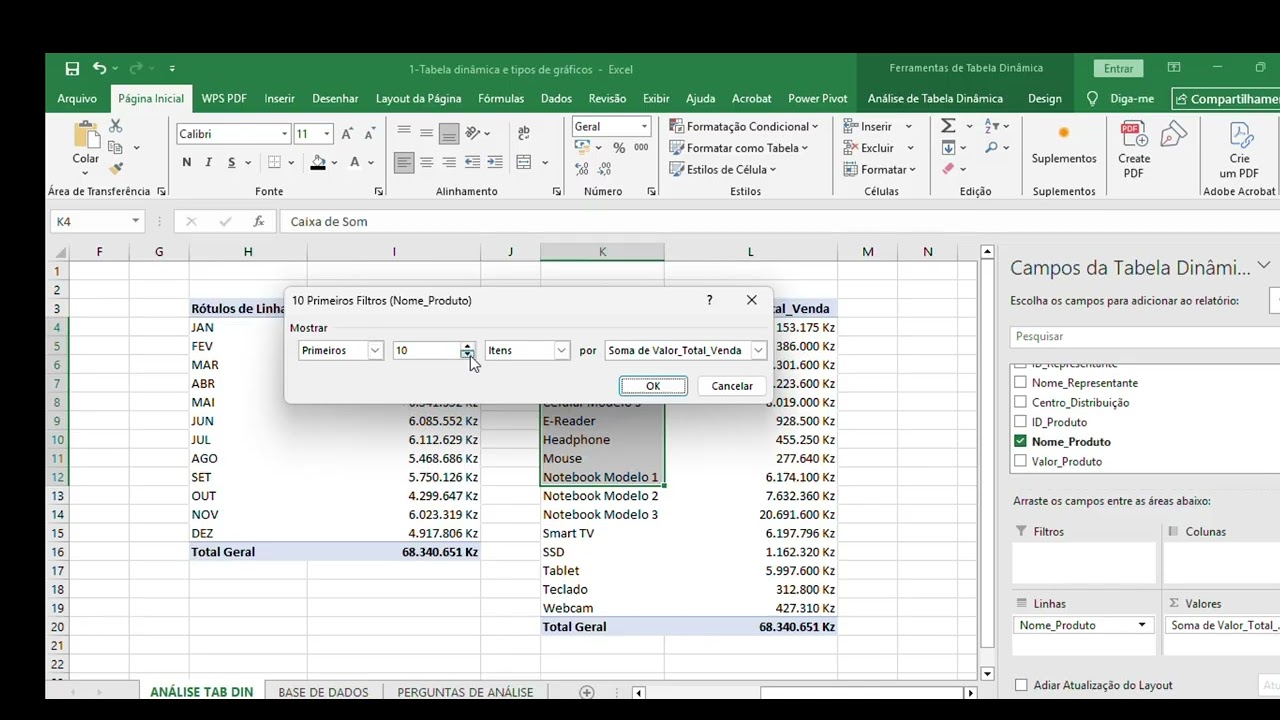 AULA 1: Dashboard de análise de venda anual no Excel.