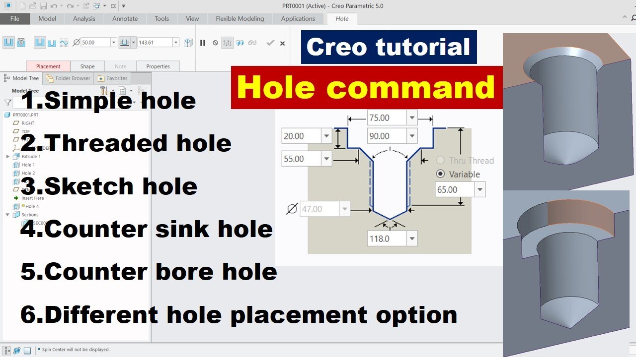 Учебник Creo для начинающих | Подробное объяснение команды Hole | #creotutorial