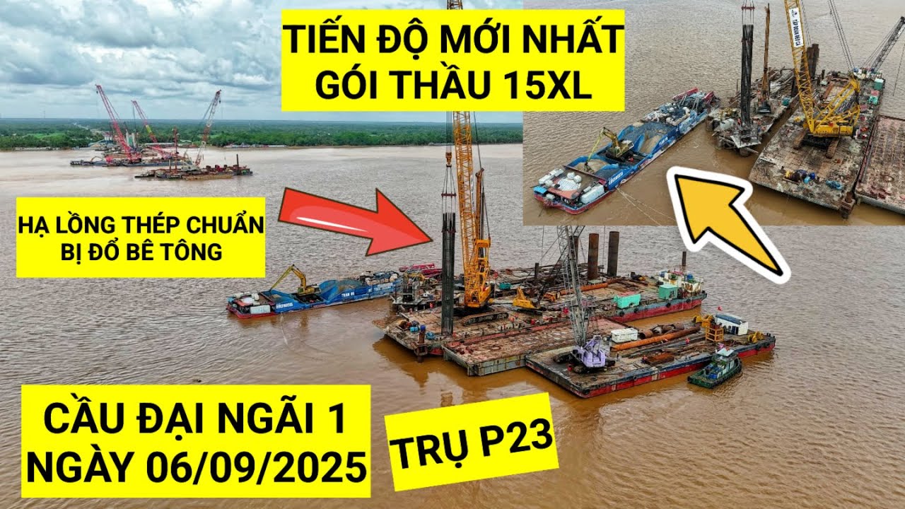 Cầu Đại Ng&atilde;i 1: Lộ diện c&aacute;c bệ trụ giữa l&ograve;ng S&ocirc;ng Hậu, trụ P23 đang hạ l&ograve;ng th&eacute;p chuẩn bị đổ b&ecirc; t&ocirc;ng