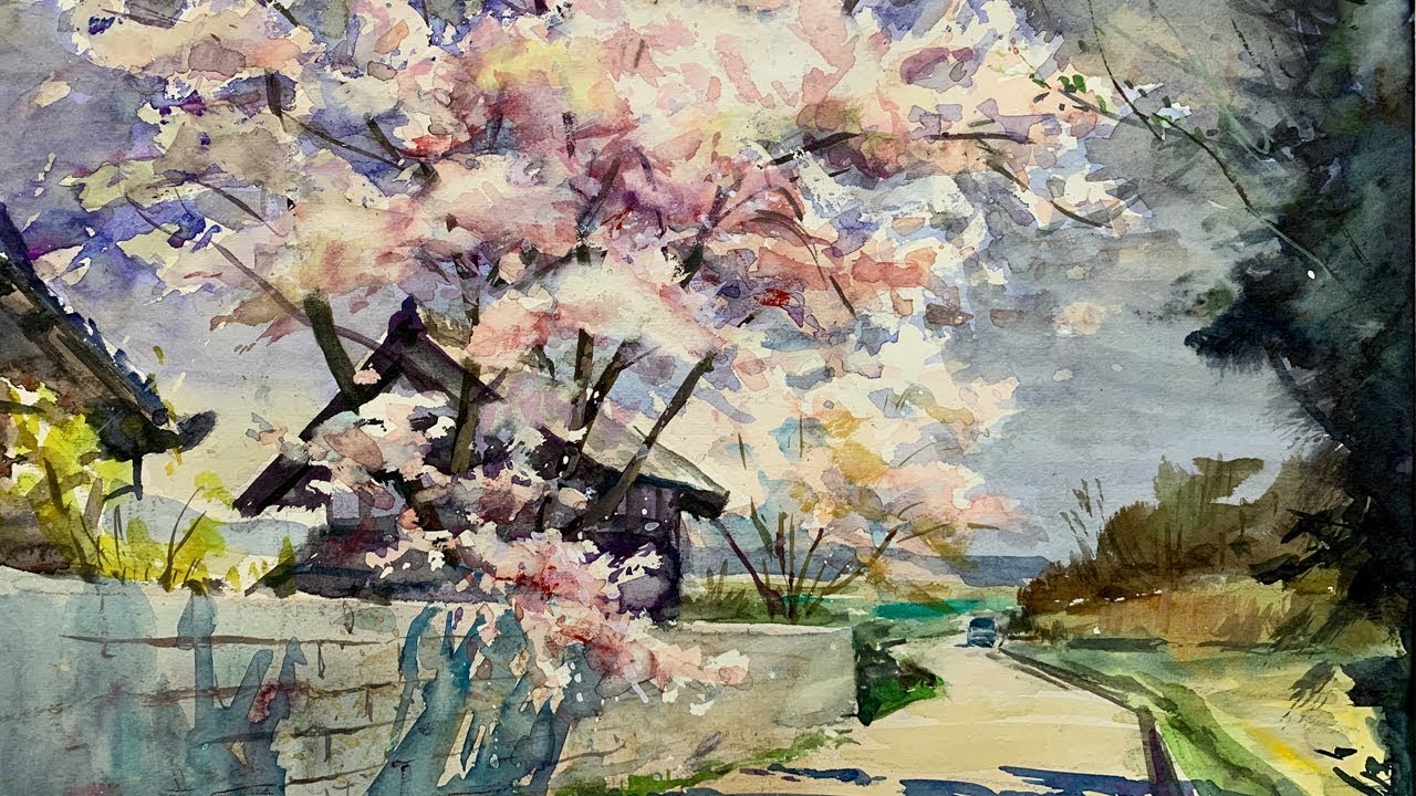 Cherry Blossom (Sakura) trees landscape  - Healing Watercolor Art - Calming