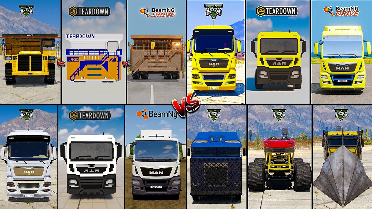 GIANT DUMP TRUCK VS MONSTER VS MAN VS RAMP TRUCK IN TEARDOWN VS BEAMNG - WHICH IS BEST ?