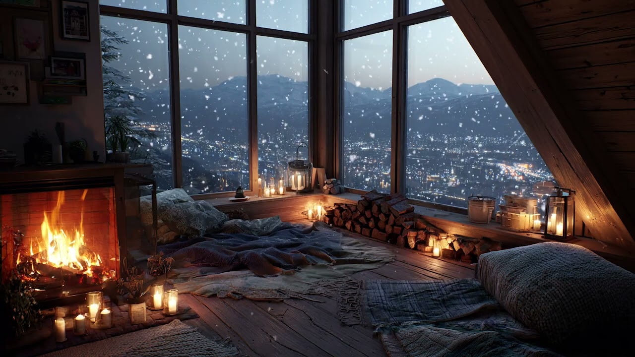 Serene Winter Cabin Piano Sounds | Soft Snowstorm and Glowing Firelight