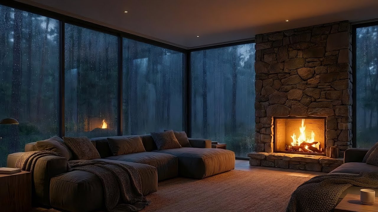 1 Hour Rainy Night by the Fireplace 🔥🌧️ Relaxing Rain & Crackling Fire Sounds (Sleep, Study, Chill)