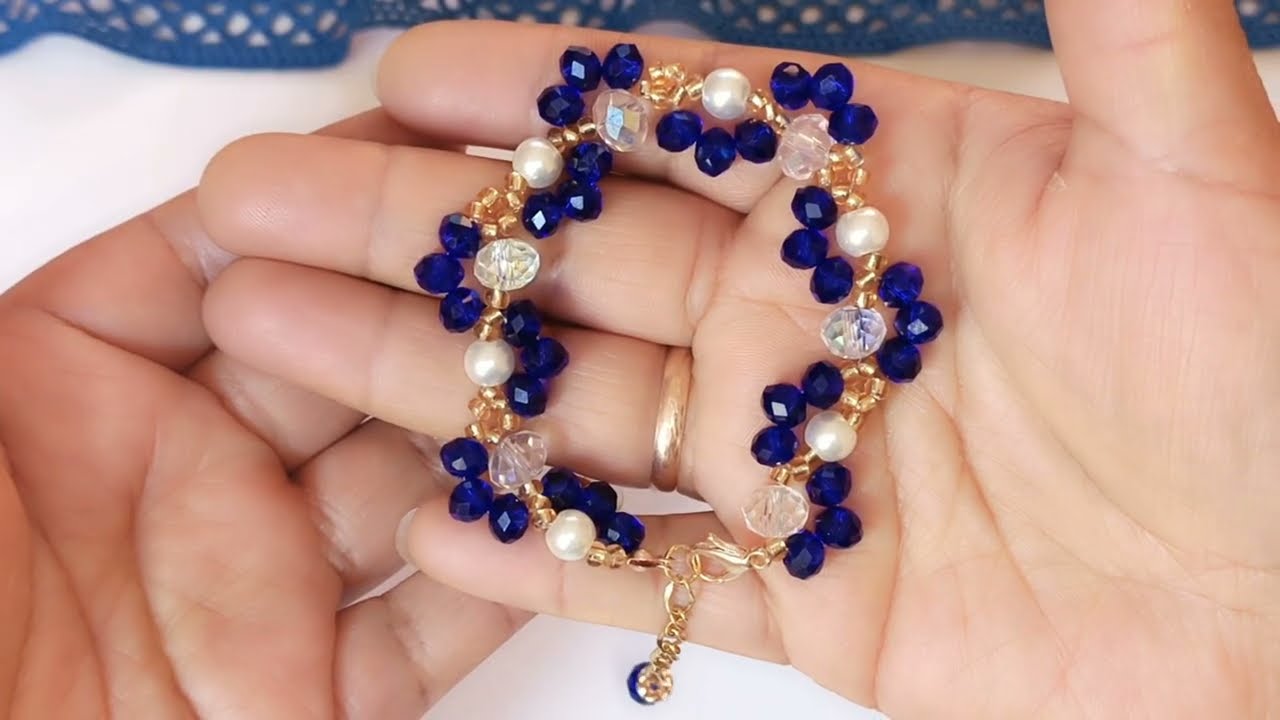 💙 COMO HACER UNA PULSERA ELEGANTE CON CRISTALES EN AZUL REY Y PERLAS ✨ | PASO A PASO