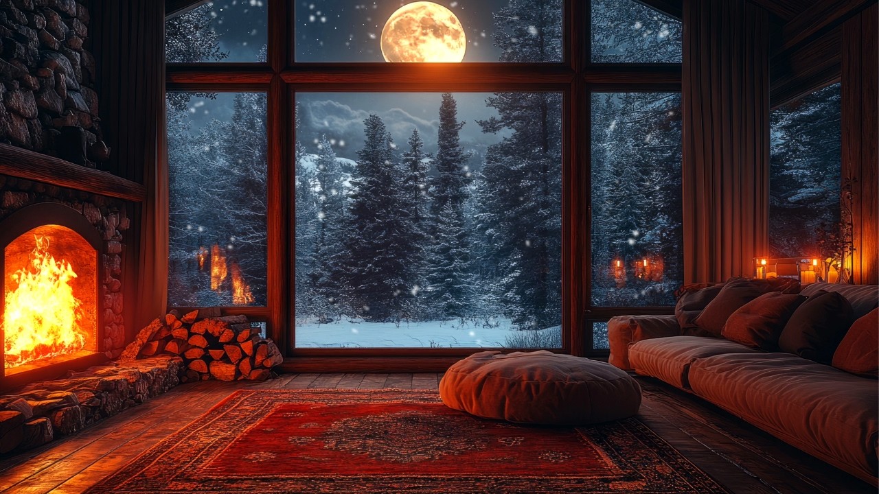 Fireplace and Full Moon – Cozy Cabin Ambience (12 Hours, No Music)