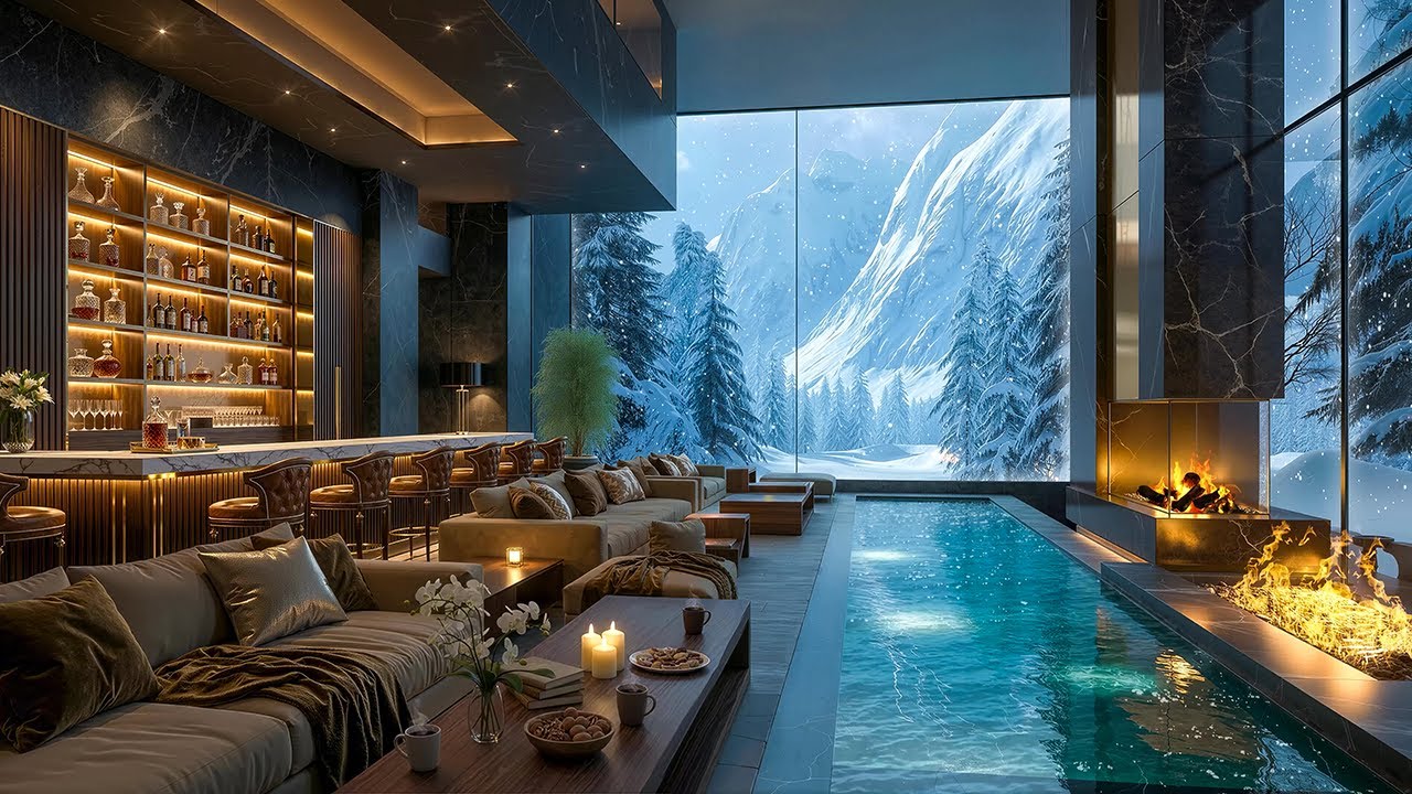 Winter Forest View in Living Room ❄️ Jazz Background Music & Crackling Fireplace for Focus & Working