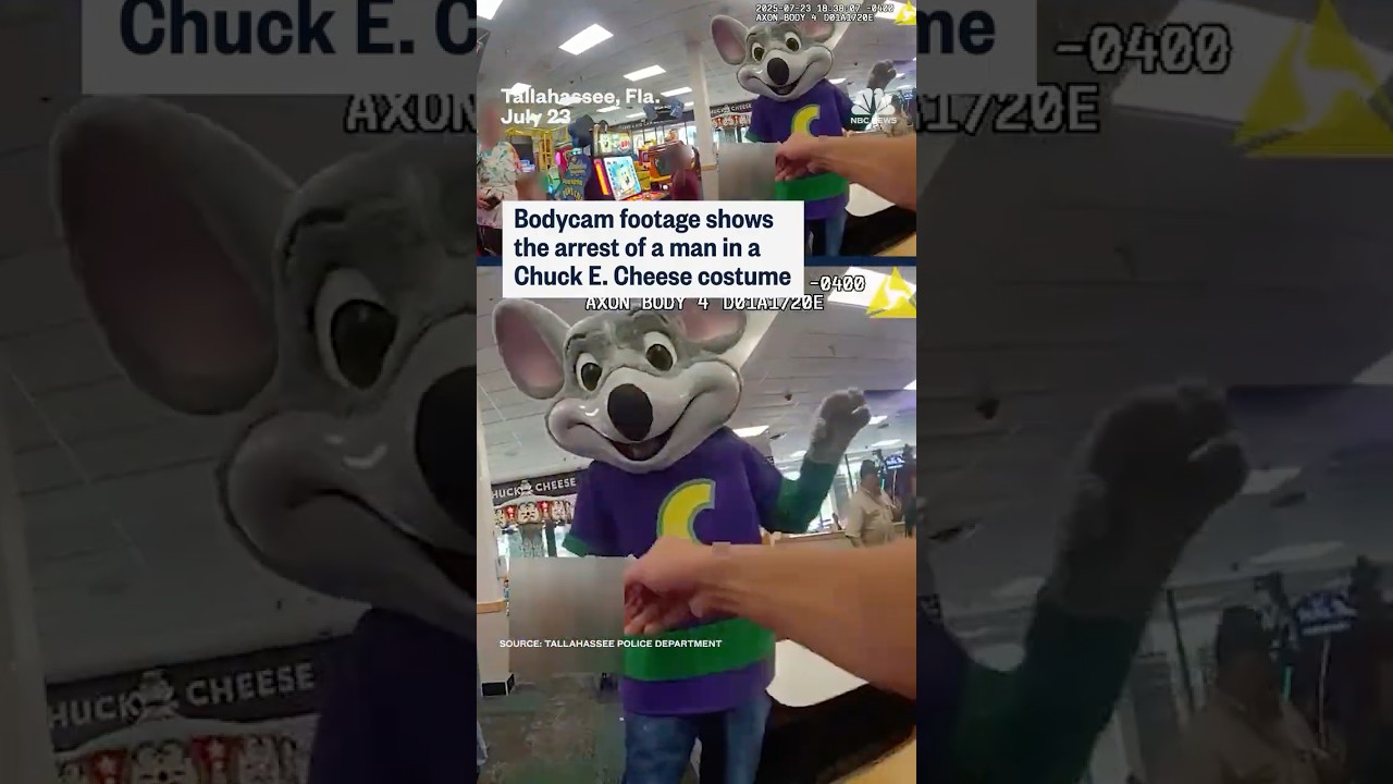 Bodycam footage shows the arrest of a man in a Chuck E. Cheese costume