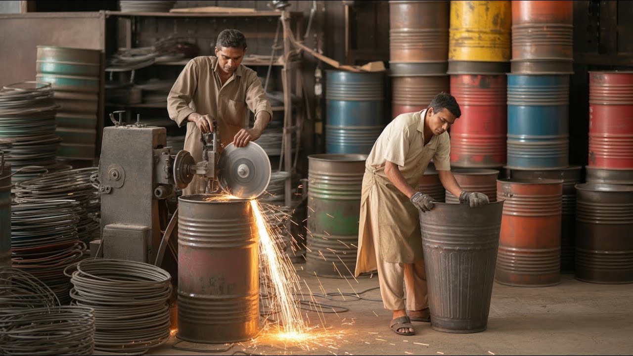 Industrial Recycling in Pakistan 🇵🇰 | Drum Cutting & Dustbin Manufacturing Process