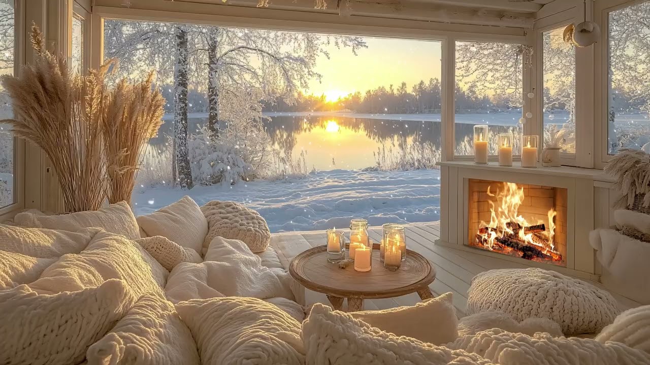 Peaceful Winter Cabin by the Lake ❄️ Gentle Piano and Fireplace in a Cozy Space