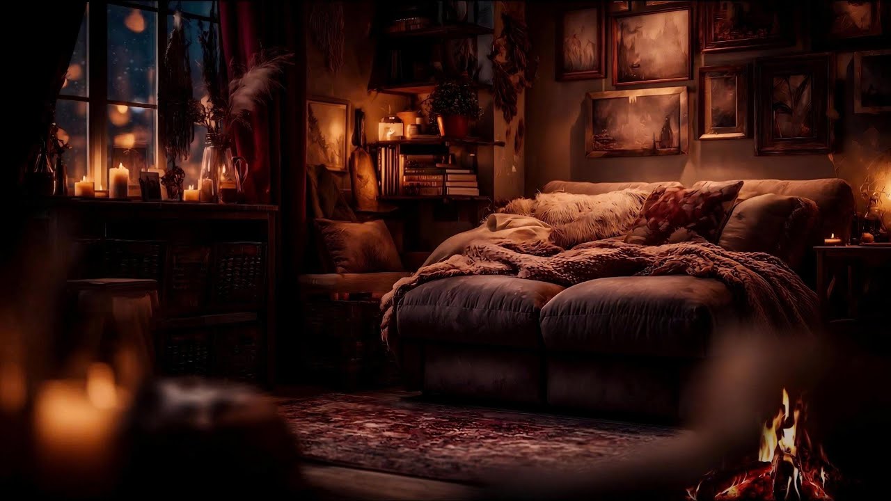 Winter Storm Outside, Fireplace Inside | Windy Cozy Cabin Ambience (No Ads) • 5H Deep Sleep