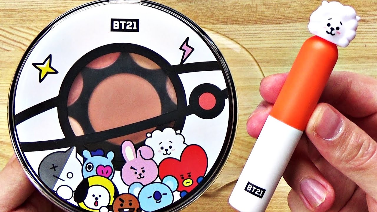 Slime Coloring with BTS Makeup! Mixing Korean BT21 Eyeshadow Palette & Lip Gloss Into Clear Slime!