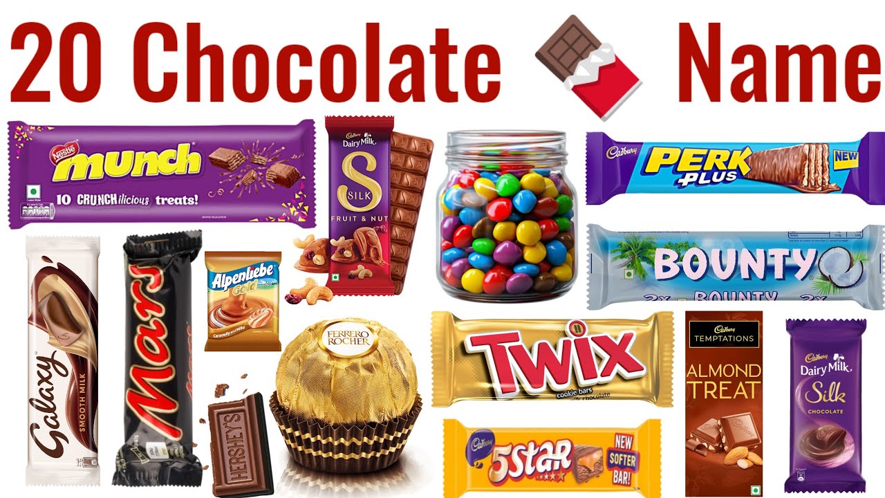 20 चॉकलेट के नाम सीखें | Learn 20 Chocolate Name For Kids With Pictures And Sound | Learning Video 