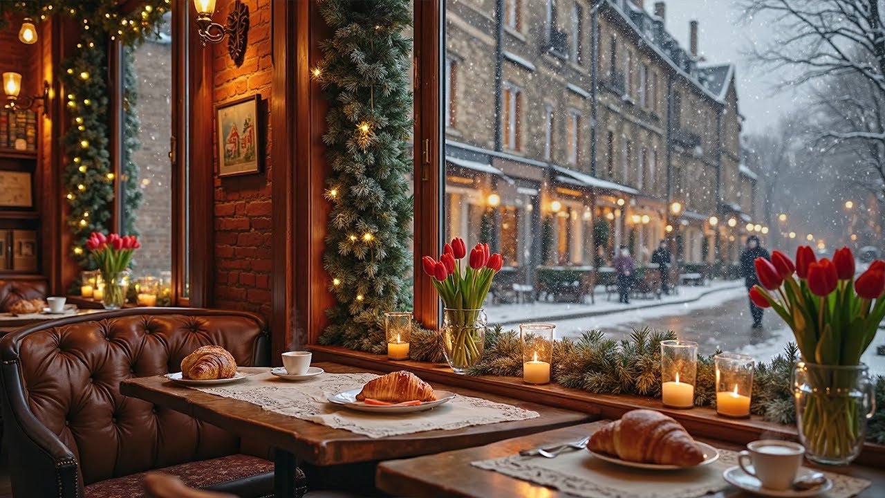 Cozy Snowy Winter Cafe Jazz Ambience with Warm Fireplace for Relaxing and Deep Sleep