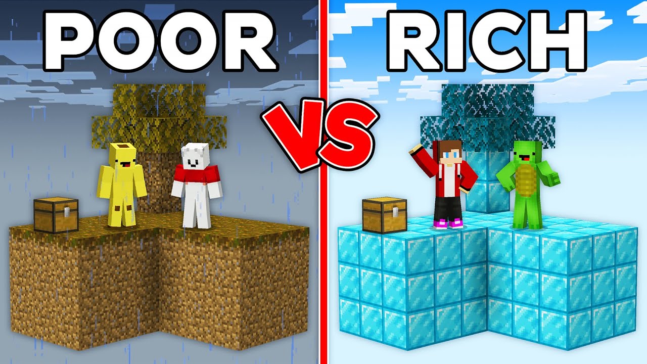 Mikey & JJ vs Banana Kid & Carrie: POOR vs RICH SkyBlock Survival Battle in Minecraft - Maizen
