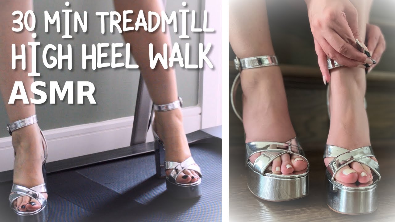 30 Min ASMR! Silver Patent High Heels Walking on Treadmill 👠